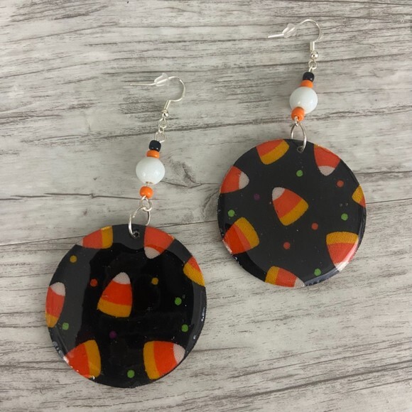 Candy Corn Black Orange Round 2” Dangle White Beaded French Wire Silver - Picture 3 of 8